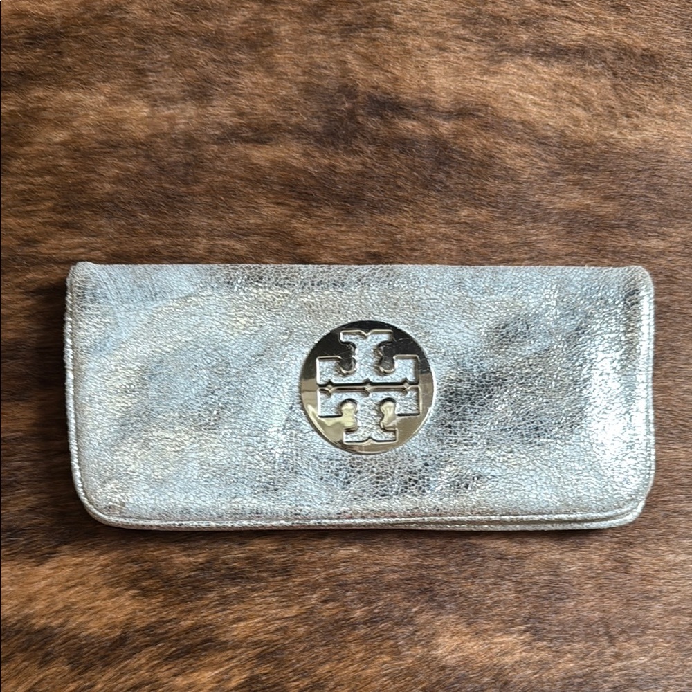 Tory Burch Silver Clutch with Iconic Logo